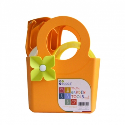 Műanyag 5 db-os mini kerti eszköz szett táskával, mandarin